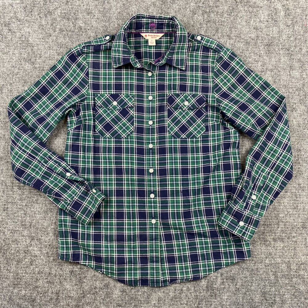 Brooks Brothers Shirt Women 2 Flannel Green Blue Plaid